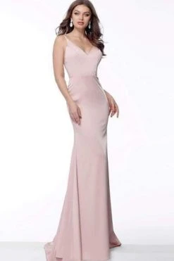 Jovani - Fitted V-Neck Satin Evening Dress 66682SC - 1 Pc Blush In Size 4 Available Formal Gowns