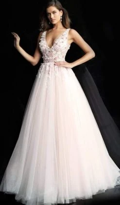 Jovani - Floral Embellished Plunging V-Neck Pleated Ballgown 61109SC - 1 Pc Blush In Size 20 Available Formal Gowns