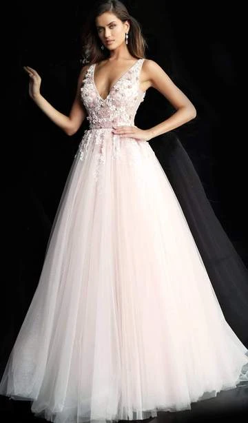 Jovani - Floral Embellished Plunging V-Neck Pleated Ballgown 61109SC - 1 Pc Blush In Size 20 Available Formal Gowns 3 Jovani - Floral Embellished Plunging V-Neck Pleated Ballgown 61109SC - 1 Pc Blush In Size 20 Available Formal Gowns