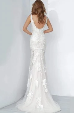 Formal Gowns Jovani - Floral Embroidered Lace Deep V-neck Trumpet Dress 02444SC - 1 Pc White/Nude In Size 8 Available