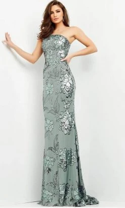 Jovani - Floral Sequin One Shoulder Long Gown 04331SC - 1 Pc Sage In Size 10 Available