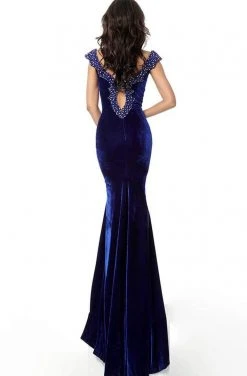 Jovani - Jeweled Keyhole Off-Shoulder Velvet Trumpet Dress 61697SC - 1 Pc Navy In Size 2 Available Formal Gowns