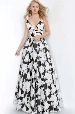 JVN By Jovani Jovani - JVN00825 Printed Deep V-neck A-line Dress Formal Gowns