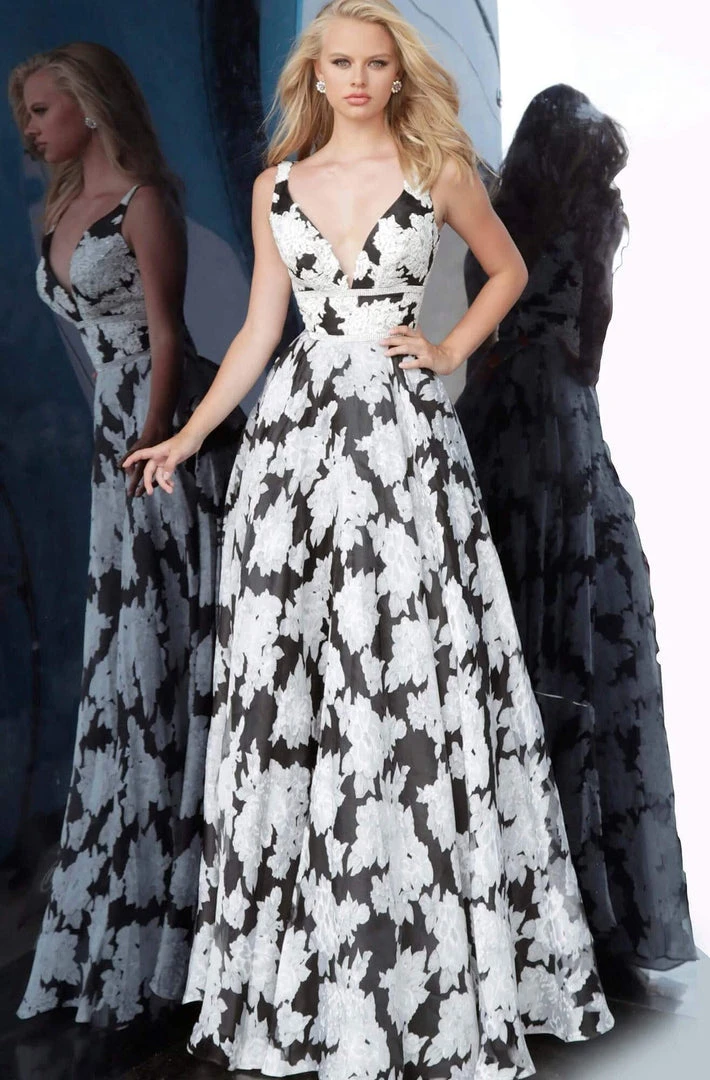 JVN By Jovani Jovani - JVN00825 Printed Deep V-neck A-line Dress Formal Gowns 4 JVN By Jovani Jovani - JVN00825 Printed Deep V-neck A-line Dress Formal Gowns