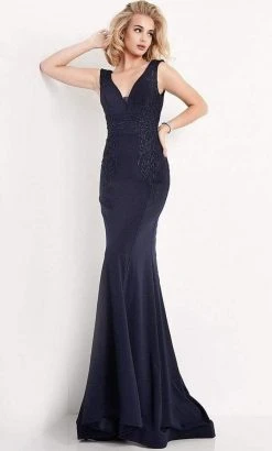 JVN By Jovani Jovani - JVN02310 Embroidered Plunging V Neck Trumpet Dress