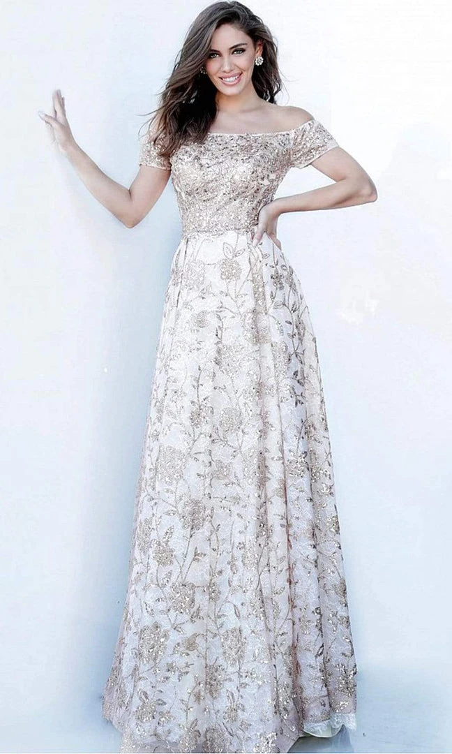 JVN By Jovani Formal Gowns Jovani - JVN03013 Sequin Floral A-Line Evening Gown 3 JVN By Jovani Formal Gowns Jovani - JVN03013 Sequin Floral A-Line Evening Gown