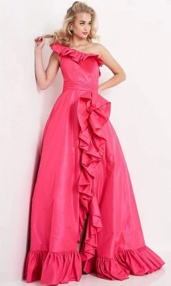 JVN By Jovani Formal Gowns Jovani - JVN03231 Asymmetric Neck Ruffled Ballgown