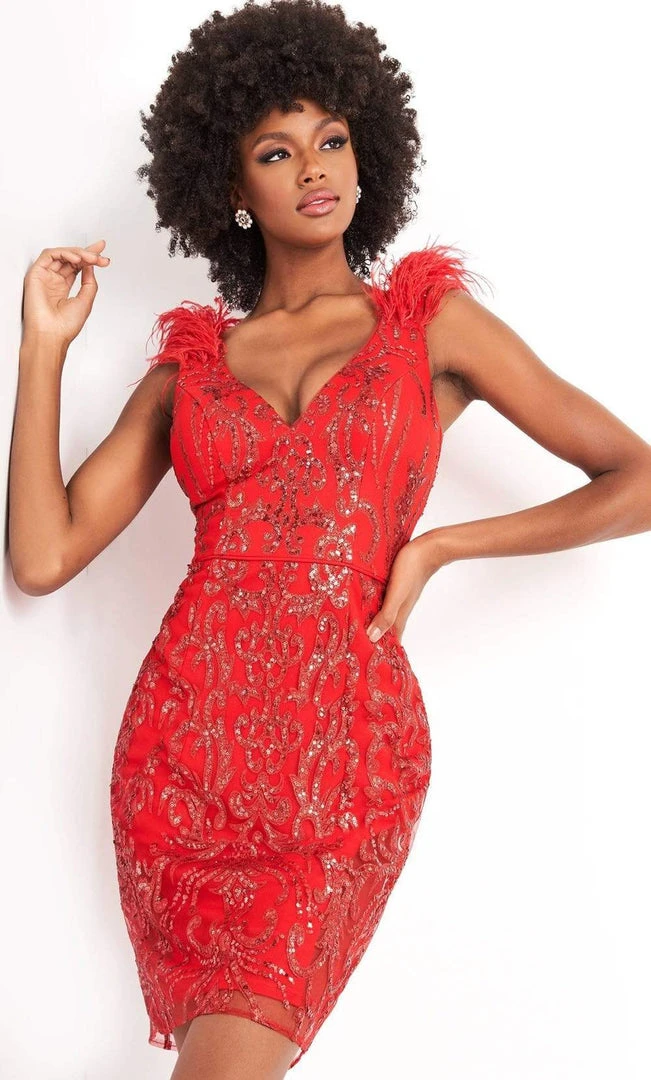 JVN By Jovani Jovani - JVN04760 Feather-Fringed Deep V-Neck Sequin Gown 6 JVN By Jovani Jovani - JVN04760 Feather-Fringed Deep V-Neck Sequin Gown