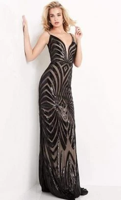 JVN By Jovani Jovani - JVN04776 Illusion Plunging Neck Geo Sequin Stripe Sheath Gown Formal Gowns 7 JVN By Jovani Jovani - JVN04776 Illusion Plunging Neck Geo Sequin Stripe Sheath Gown Formal Gowns