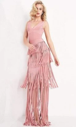 JVN By Jovani Jovani - JVN04784 Fringe V Neck Sheath Dress Formal Gowns