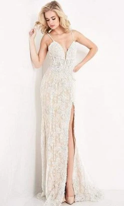 JVN By Jovani Formal Gowns Jovani - JVN05757 Lace Deep V Neck Long Dress With Slit