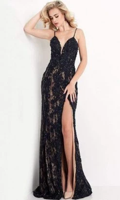JVN By Jovani Formal Gowns Jovani - JVN05757 Lace Deep V Neck Long Dress With Slit