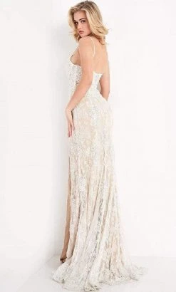 JVN By Jovani Formal Gowns Jovani - JVN05757 Lace Deep V Neck Long Dress With Slit