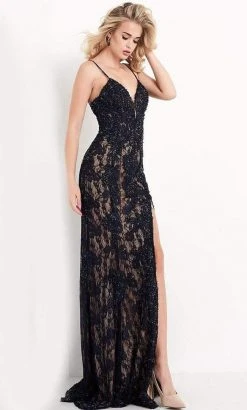 JVN By Jovani Formal Gowns Jovani - JVN05757 Lace Deep V Neck Long Dress With Slit