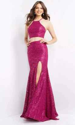 JVN By Jovani Formal Gowns Jovani - JVN08514 Two-Piece Halter Lace Gown