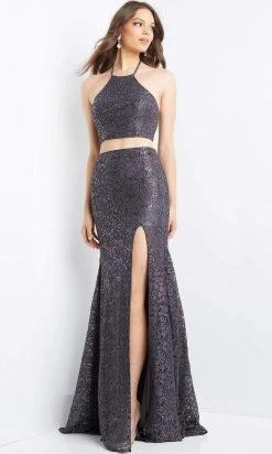 JVN By Jovani Formal Gowns Jovani - JVN08514 Two-Piece Halter Lace Gown