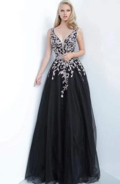 JVN By Jovani Jovani - JVN2302 Embroidered Applique Plunging V-Neck Gown