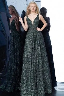 JVN By Jovani Formal Gowns Jovani - JVN3817 Novelty Glitter Plunging V-Neck Gown