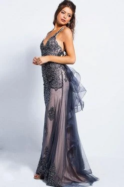 JVN By Jovani Jovani - JVN53188 Embellished Deep V-neck Ruffled Sheath Dress