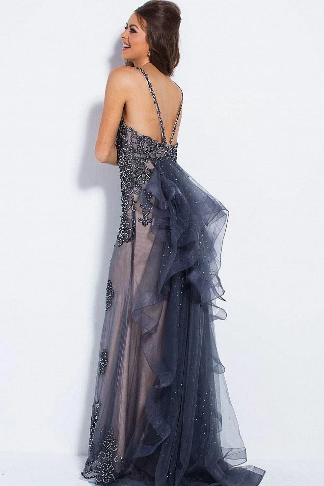 JVN By Jovani Jovani - JVN53188 Embellished Deep V-neck Ruffled Sheath Dress 4 JVN By Jovani Jovani - JVN53188 Embellished Deep V-neck Ruffled Sheath Dress