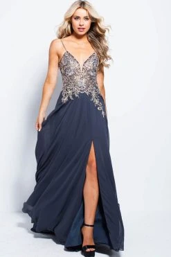 JVN By Jovani Formal Gowns Jovani - JVN55885 Jewel Adorned Plunging Illusion Gown