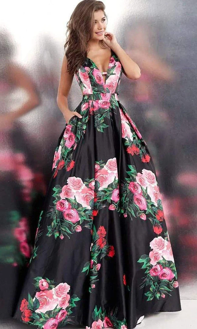 JVN By Jovani Jovani - JVN59146 V-neck Side Cutouts Floral A-line Gown Formal Gowns 7 JVN By Jovani Jovani - JVN59146 V-neck Side Cutouts Floral A-line Gown Formal Gowns