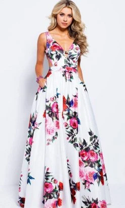 JVN By Jovani Jovani - JVN59146 V-neck Side Cutouts Floral A-line Gown Formal Gowns