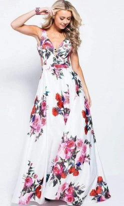 JVN By Jovani Jovani - JVN59146 V-neck Side Cutouts Floral A-line Gown Formal Gowns 10 JVN By Jovani Jovani - JVN59146 V-neck Side Cutouts Floral A-line Gown Formal Gowns