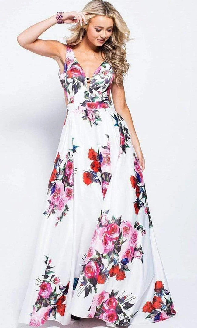 JVN By Jovani Jovani - JVN59146 V-neck Side Cutouts Floral A-line Gown Formal Gowns 5 JVN By Jovani Jovani - JVN59146 V-neck Side Cutouts Floral A-line Gown Formal Gowns