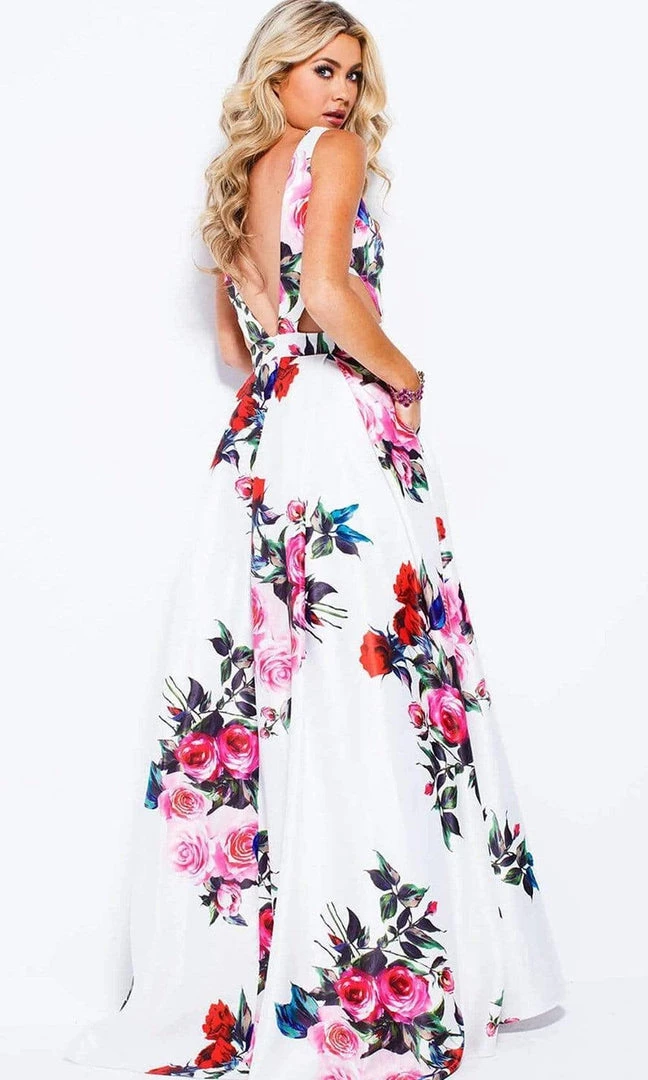 JVN By Jovani Jovani - JVN59146 V-neck Side Cutouts Floral A-line Gown Formal Gowns 4 JVN By Jovani Jovani - JVN59146 V-neck Side Cutouts Floral A-line Gown Formal Gowns