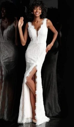 JVN By Jovani Jovani - JVN60595 Embellished Lace Deep V-neck Trumpet Dress