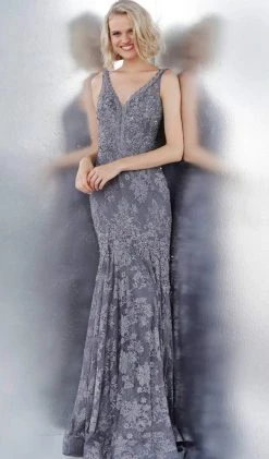 JVN By Jovani Jovani - JVN62490 Embellished Lace Plunging V-neck Trumpet Dress Formal Gowns