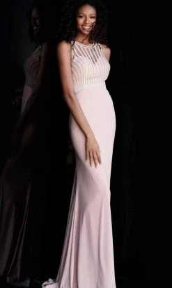 JVN By Jovani Formal Gowns Jovani - JVN62722 Beaded Jewel Neck Jersey Sheath Dress