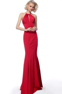 JVN By Jovani Formal Gowns Jovani - JVN63407 Halter Neck Trumpet Dress With Train