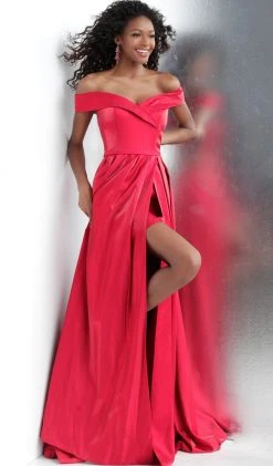 JVN By Jovani Jovani - JVN64244 Off-Shoulder Pleated A-line Dress With Slit And Train