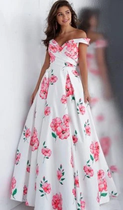 JVN By Jovani Formal Gowns Jovani - JVN66895 Floral Printed Pleated Off-Shoulder Ballgown