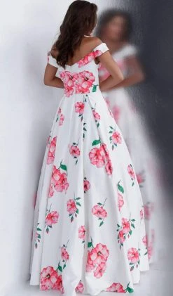 JVN By Jovani Formal Gowns Jovani - JVN66895 Floral Printed Pleated Off-Shoulder Ballgown