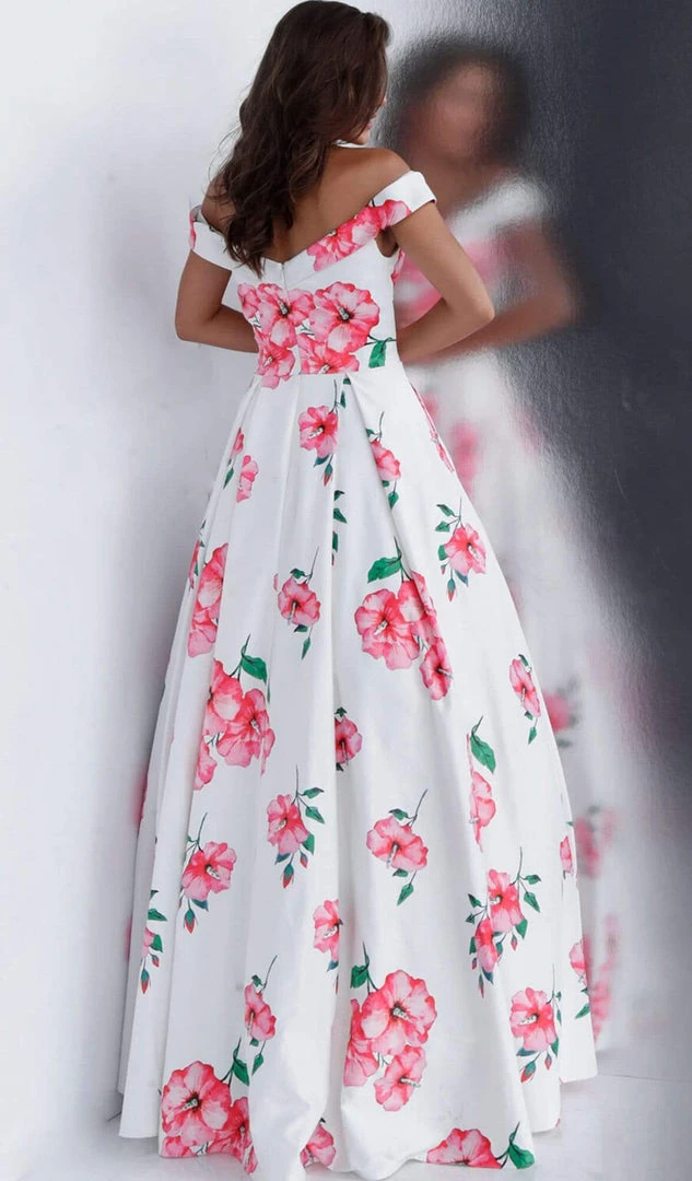JVN By Jovani Formal Gowns Jovani - JVN66895 Floral Printed Pleated Off-Shoulder Ballgown 4 JVN By Jovani Formal Gowns Jovani - JVN66895 Floral Printed Pleated Off-Shoulder Ballgown