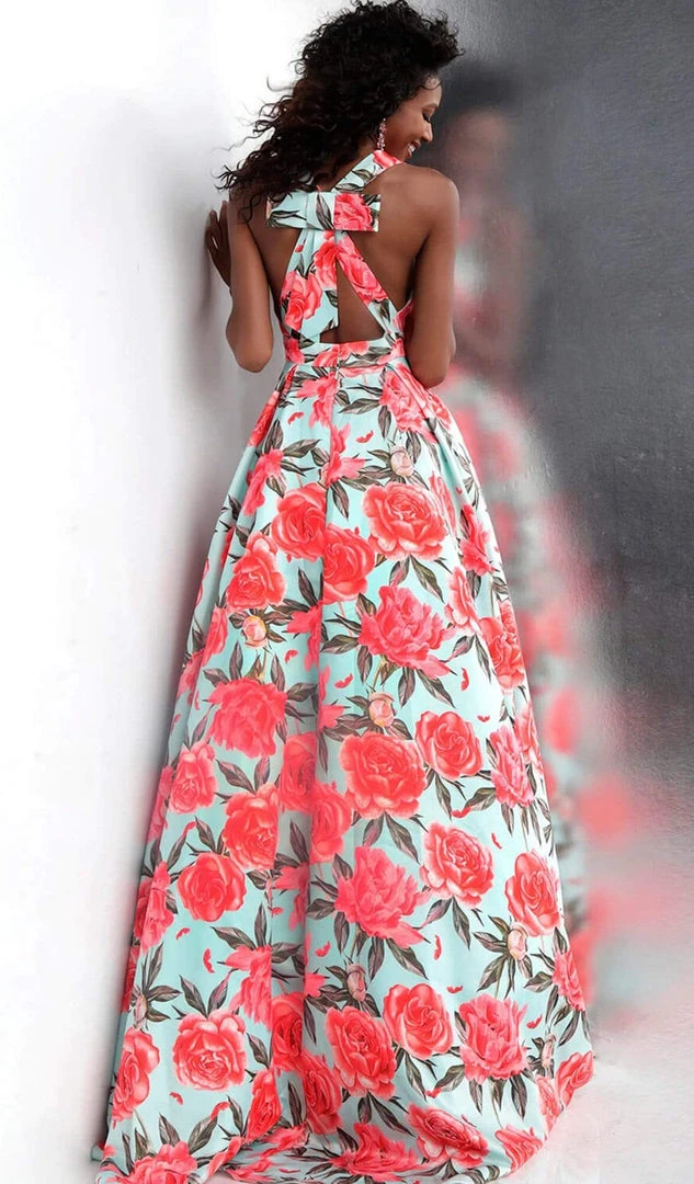 JVN By Jovani Jovani - JVN66937 Plunging Neck Floral Print Satin Gown Formal Gowns 4 JVN By Jovani Jovani - JVN66937 Plunging Neck Floral Print Satin Gown Formal Gowns