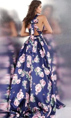JVN By Jovani Jovani - JVN66938 Plunging Floral Print Satin Ballgown