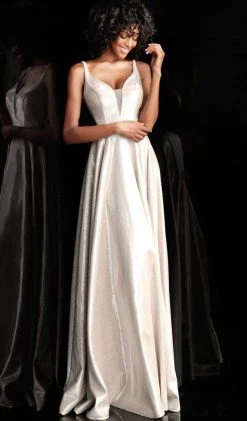 JVN By Jovani Formal Gowns Jovani - JVN67050 Metallic Plunging Sweetheart A-Line Gown