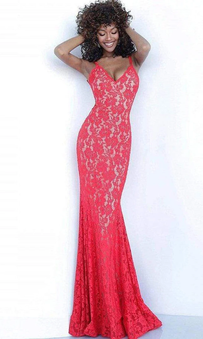 Jovani - Lace V-Neck Trumpet Dress 68005ASC - 2 Pc Red In Size 4 And 6 Available Formal Gowns 5 Jovani - Lace V-Neck Trumpet Dress 68005ASC - 2 Pc Red In Size 4 And 6 Available Formal Gowns