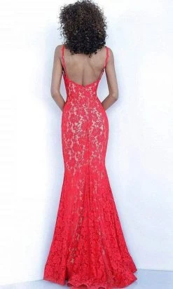 Jovani - Lace V-Neck Trumpet Dress 68005ASC - 2 Pc Red In Size 4 And 6 Available Formal Gowns 6 Jovani - Lace V-Neck Trumpet Dress 68005ASC - 2 Pc Red In Size 4 And 6 Available Formal Gowns