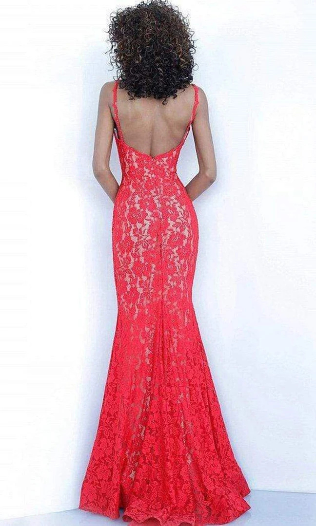Jovani - Lace V-Neck Trumpet Dress 68005ASC - 2 Pc Red In Size 4 And 6 Available Formal Gowns 4 Jovani - Lace V-Neck Trumpet Dress 68005ASC - 2 Pc Red In Size 4 And 6 Available Formal Gowns