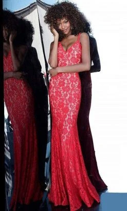 Jovani - Lace V-Neck Trumpet Dress 68005ASC - 2 Pc Red In Size 4 And 6 Available Formal Gowns
