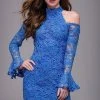 Cocktail Dresses Jovani - Long Bell Sleeve High Neck Lace Sheath Dress M50170