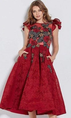 Jovani - M59787 Floral Embroidered Pleated Tea Length Dress
