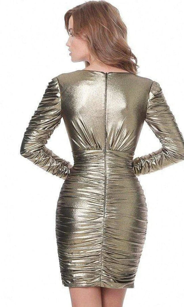 Cocktail Dresses Jovani - M66325 Long Sleeve Metallic Ruched Short Dress 4 Cocktail Dresses Jovani - M66325 Long Sleeve Metallic Ruched Short Dress