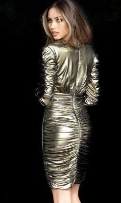 Cocktail Dresses Jovani - M66325 Long Sleeve Metallic Ruched Short Dress 9 Cocktail Dresses Jovani - M66325 Long Sleeve Metallic Ruched Short Dress