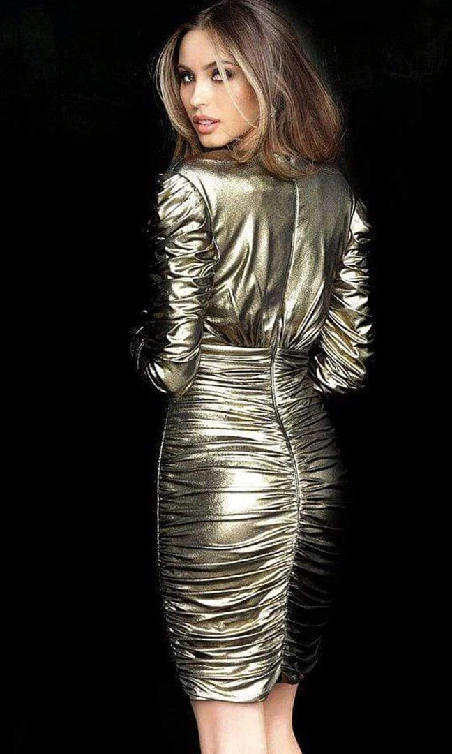 Cocktail Dresses Jovani - M66325 Long Sleeve Metallic Ruched Short Dress 6 Cocktail Dresses Jovani - M66325 Long Sleeve Metallic Ruched Short Dress